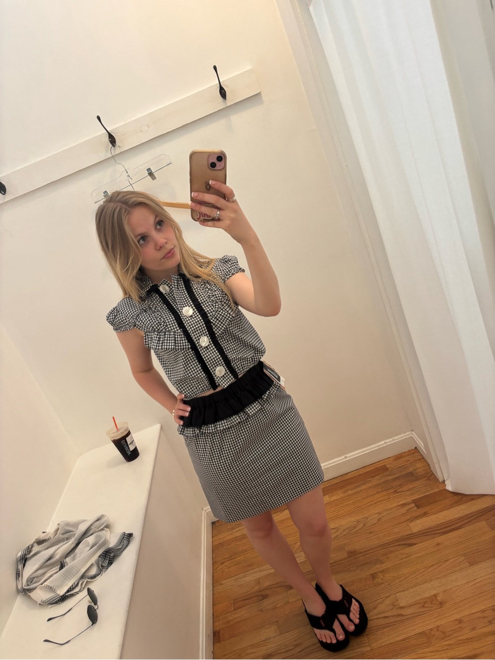 Miu Miu Black and White Checked Mini Skirt with Peplum Trim - Picture 2 of 5